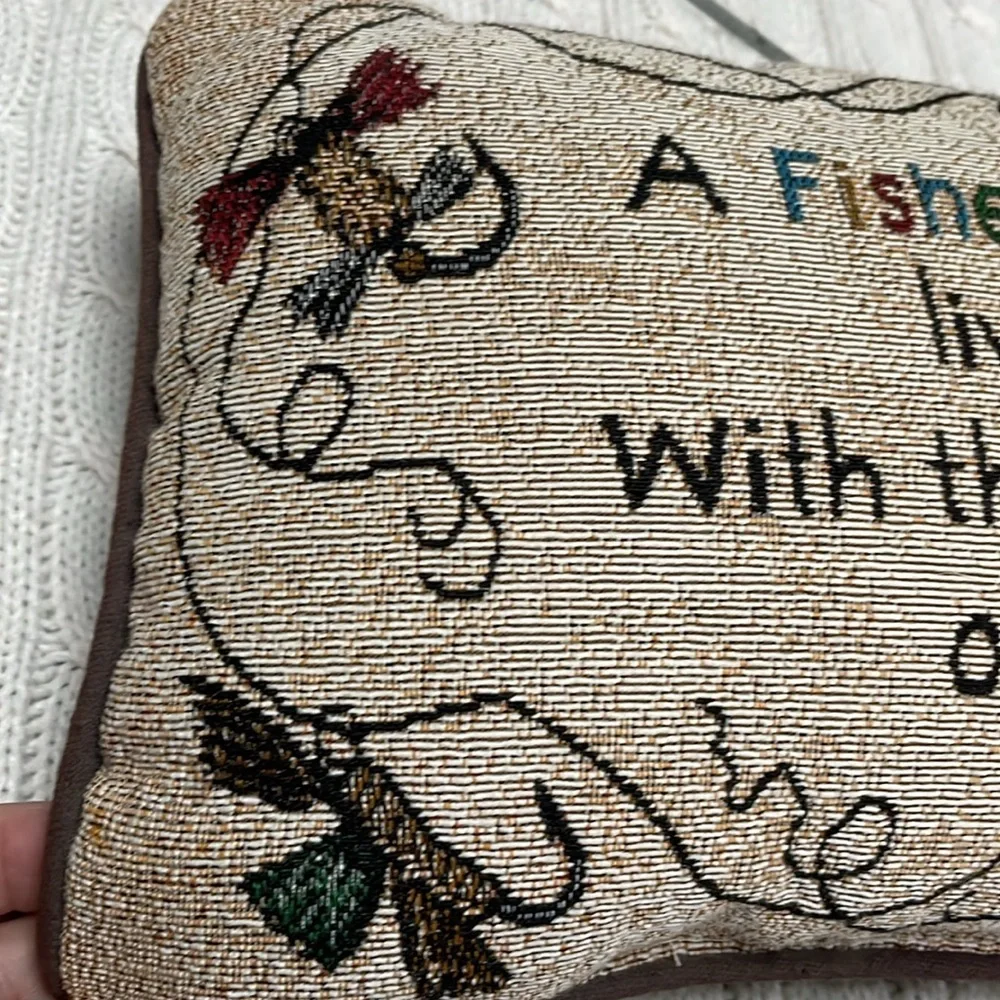 Decorative pillow. Fisherman flies fishing line tapestry black back fabric